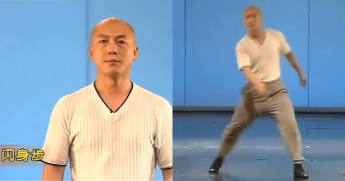 Two teaching-video stills: a teacher beside the Chinese caption 闪身步, and a full-body sideways stepping demonstration.